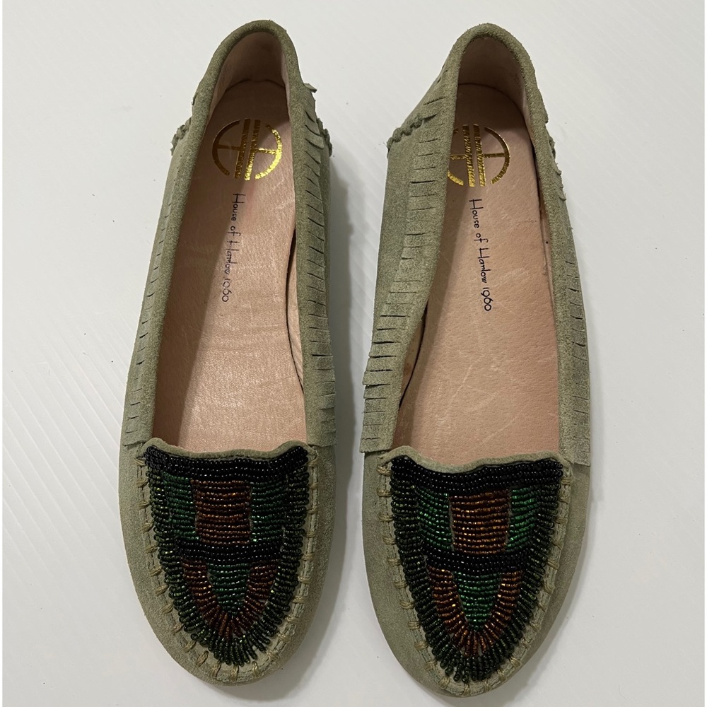 House of Harlow Green Suede Beaded Moccasin Flats